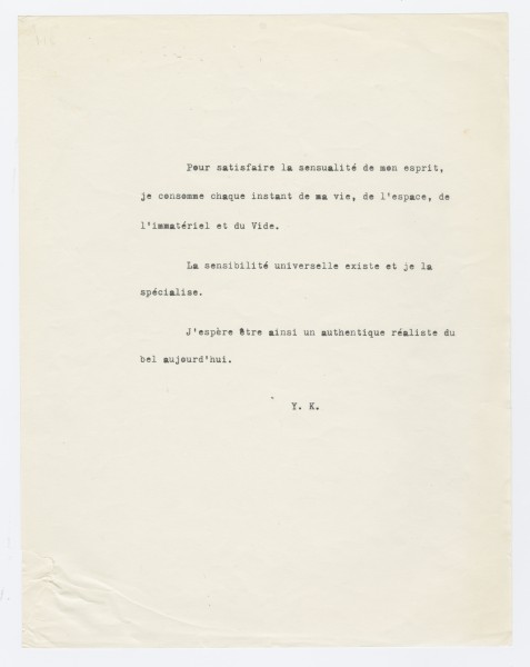 Yves Klein, "Pour satisfaire la sensualité de mon esprit...", Note