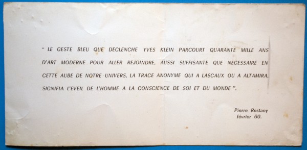 Invitation card for the performance "Anthropométries de l'Epoque Bleue", Galerie Internationale d'art contemporain