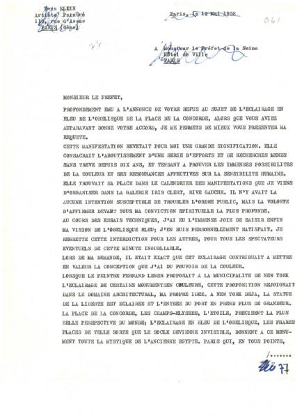 Lettre d'Yves Klein au Préfet de la Seine