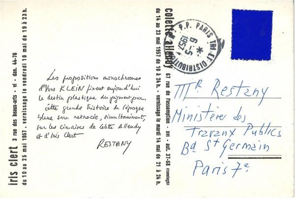 Invitation card for the double exhibition "Yves Klein: Propositions monochromes" at the Iris Clert and Colette Allendy Galleries