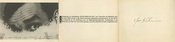 Invitation card for the exhibition "Yves Klein Peintures de feu" at the Galerie Schmela, Düsseldorf